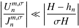 Mathematical equation: \begin{equation} \left| \frac{U_n^{m,\sigma}}{J_n^{m,\sigma}} \right| \ll \left| \frac{H - h_n}{\sigma H} \right| \label{condition_therm} \end{equation}