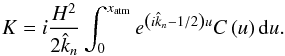Mathematical equation: \begin{equation} K = i \frac{H^2}{2 \hat{k}_n} \int_0^{x_{\rm atm}} e^{ \left( i \hat{k}_n - 1/2 \right) u} C \left( u \right) {\rm d}u. \label{Kconst} \end{equation}