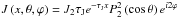 Mathematical equation: \hbox{$ J \left( x , \theta , \varphi \right) = J_2 \tau_{\rm J} e^{- \tau_{\rm J} x} P_2^2 \left( \cos \theta \right) e^{i 2 \varphi} $}