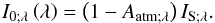 Mathematical equation: \begin{equation} I_{0;\lambda} \left( \lambda \right) = \left( 1 - A_{\rm atm ; \lambda} \right) I_{\rm S;\lambda}. \end{equation}