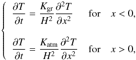 Mathematical equation: \begin{equation} \left\{ \begin{array}{lcl} \displaystyle \dfrac{\partial T}{ \partial t } = \frac{K_{\rm gr}}{H^2} \dfrac{\partial^2 T}{\partial x^2} & \mbox{for} & x < 0, \\ \vspace{0.01mm}\\ \displaystyle \dfrac{\partial T}{ \partial t } = \frac{K_{\rm atm} }{H^2} \dfrac{\partial^2 T}{\partial x^2} & \mbox{for} & x > 0, \\ \end{array} \right. \label{heat_transport_bl} \end{equation}