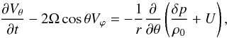 Mathematical equation: \begin{equation} \dfrac{\partial V_\theta}{\partial t} - 2 \Omega \cos \theta V_\varphi = - \displaystyle \frac{1}{r} \frac{\partial}{\partial \theta} \left( \frac{\delta p}{\rho_0} + U \right), \label{NS1} \end{equation}