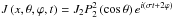Mathematical equation: \hbox{$ J \left( x , \theta , \varphi , t \right) = J_2 P_2^2 \left( \cos \theta \right) e^{i \left( \sigma t + 2 \varphi \right) } $}
