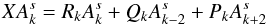 Mathematical equation: \appendix \setcounter{section}{1} \begin{equation} X A_k^s = R_k A_k^s + Q_k A_{k -2}^s + P_k A_{k +2}^s \label{pb_vp} \end{equation}