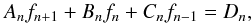 Mathematical equation: \appendix \setcounter{section}{2} \begin{equation} A_n f_{n+1} + B_{n} f_n + C_n f_{n-1} = D_n, \end{equation}