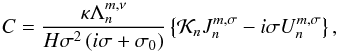 Mathematical equation: \appendix \setcounter{section}{5} \begin{equation} C = \frac{\kappa \Lambda_n^{m,\nu}}{H \sigma^2 \left (i \sigma + \sigma_0 \right)} \left\{ \mathcal{K}_n J_n^{m,\sigma} - i \sigma U_n^{m,\sigma} \right\}, \end{equation}