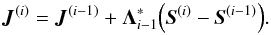 Mathematical equation: \begin{equation} \label{eq:acc_it_upd} \mb{J}^{(i)} = \mb{J}^{(i-1)} + \mb{\Lambda}^*_{i-1}\Big(\mb{S}^{(i)} - \mb{S}^{(i-1)}\Big). \end{equation}