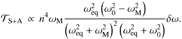 Mathematical equation: \begin{equation} \mathcal{T}_{\rm S+A} \, \propto \, n^4 \omega_{\rm M} \frac{\omega_{\rm eq}^2 \left( \omega_0^2 - \omega_{\rm M}^2 \right)}{\left( \omega_{\rm eq}^2 + \omega_{\rm M}^2 \right)^2 \left( \omega_{\rm eq}^2 + \omega_0^2 \right) } \delta \omega. \label{stab2} \end{equation}