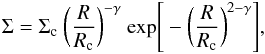 Mathematical equation: \begin{equation} \Sigma=\Sigma_{\rm c}~\bigg(\frac{R}{R_{\rm c}}\bigg)^{-\gamma}~{\rm exp}\Bigg[-\bigg(\frac{R}{R_{\rm c}}\bigg)^{2-\gamma}\Bigg],\label{Equ:sigma} \end{equation}