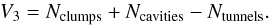 Mathematical equation: \appendix \setcounter{section}{1} \begin{equation} \label{v3} V_3=N_{\mathrm{clumps}} + N_{\mathrm{cavities}} - N_{\mathrm{tunnels}}. \end{equation}