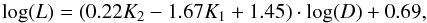Mathematical equation: \begin{equation} \label{eq:scalingkl} \log(L) = (0.22 K_2 - 1.67 K_1 + 1.45)\cdot\log(D) + 0.69, \end{equation}