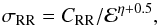 Mathematical equation: \begin{equation} \sigma_{\mathrm{RR}}=C_{\mathrm{RR}}/{\cal E}^{\eta+0.5} , \end{equation}