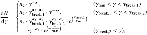 Mathematical equation: \begin{equation} \label{eq:electrondistr} \frac{{\rm d}N}{{\rm d}\gamma} = \begin{cases} n_{\rm e} \cdot \gamma^{-\alpha_1}, & (\gamma_{\text{min}} < \gamma < \gamma_{\text{break},1})\\ n_{\rm e} \cdot \gamma_{\text{break},1}^{\alpha_2-\alpha_1} \cdot \gamma^{-\alpha_2}, & ( \gamma_{\text{break},1}< \gamma < \gamma_{\text{break},2})\\ n_{\rm e} \cdot \gamma_{\text{break},1}^{\alpha_2-\alpha_1} \cdot \gamma_{\text{break},2}^{\alpha_3-\alpha_2} \cdot {\rm e}^{\left(\frac{\gamma_{\text{break},2}}{\gamma_{\text{max}}}\right)} \\ \;\;\;\;\; \cdot \gamma^{-\alpha_3} \cdot {\rm e}^{\left(-\frac{\gamma}{\gamma_{\text{max}}}\right)}& (\gamma_{\text{break},2}<\gamma), \end{cases} \end{equation}