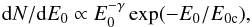 Mathematical equation: \begin{equation} {\rm d}N/{\rm d}E_{0} \propto E_{0}^{-\gamma} \exp(-E_{0}/E_{\rm 0c}), \label{eqn11} \end{equation}