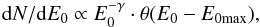 Mathematical equation: \appendix \setcounter{section}{2} \begin{equation} {\rm d}N/{\rm d}E_{0} \propto E_{0}^{-\gamma}\cdot\theta(E_{0}-E_{\rm 0max}), \end{equation}