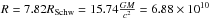 Mathematical equation: \hbox{$R = 7.82 R_{\rm Schw} = 15.74 \frac{G M}{c^2} = 6.88 \times 10^{10} $}