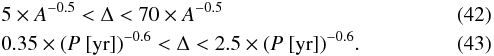 Mathematical equation: \begin{equation} M [M_\odot] = 0.45 P[s]^{0.87} A^{-0.72}. \label{eq:massestimation} \end{equation}