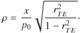 Mathematical equation: \appendix \setcounter{section}{1} \begin{equation} \label{rhor} \rho = \frac{x}{p_0}\sqrt{\frac{r_{TE}^2}{1-r_{TE}^2}} \cdot \end{equation}