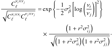 Mathematical equation: \appendix \setcounter{section}{2} \begin{eqnarray} \begin{split} \frac{C_\ell^{\nu_i\times\nu_j}}{\sqrt{C_\ell^{\nu_i\times\nu_i}C_\ell^{\nu_j\times\nu_j}}} = & \exp\left\lbrace-\frac12\sigma_\beta^2\left[\log\left(\frac{\nu_i}{\nu_j}\right)\right]^2\right\rbrace \\ & \times \frac{\left(1+r^2 \sigma_{ij} ^2\right)}{\sqrt{\left(1+r^2 \sigma_{ii} ^2\right)\left(1+r^2 \sigma_{jj} ^2\right)}}\cdot \end{split} \end{eqnarray}