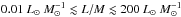 Mathematical equation: \hbox{$0.01~\lsun~M_\odot^{-1}\lesssim L/M \lesssim 200~\lsun~M_\odot^{-1}$}