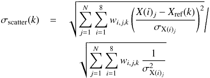 Mathematical equation: \begin{eqnarray} \sigma_\text{scatter}(k) &=& \sqrt{ \sum_{j=1}^{N} \sum_{i=1}^{8} w_{i,j,k} \left( \frac{X(i)_j - X_\text{ref}(k)}{\sigma_{\text{X}(i)_j}} \right)^2 } \Bigg/ \nonumber \\ &&\quad \sqrt{ \sum_{j=1}^{N} \sum_{i=1}^{8} w_{i,j,k} \, \frac{1}{\sigma_{\text{X}(i)_j}^2} } \end{eqnarray}