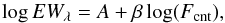 Mathematical equation: \begin{equation} \log EW_{\lambda}=A + \beta \log(F_{\rm cnt}), \label{eq:fit} \end{equation}