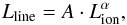 Mathematical equation: \begin{equation} L_{\rm line}=A\cdot L_{\rm ion}^\alpha, \end{equation}