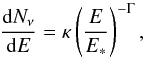 Mathematical equation: \begin{equation} \frac{{\rm d}N_\nu}{{\rm d}E}=\kappa \left(\frac{E}{E_*}\right)^{-\Gamma} , \end{equation}