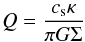 Mathematical equation: \begin{eqnarray*} Q= \frac{c_{\rm s} \kappa}{\pi G \Sigma} \end{eqnarray*}