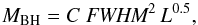Mathematical equation: \begin{equation} \label{eq:Mbh_CIII} {M}_{\rm BH} = C\; \textit{FWHM}^{2} \, L^{0.5}, \end{equation}