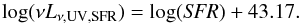 Mathematical equation: \begin{equation} \label{eq_uvsfr} \log(\nu L_{\nu, \rm UV, SFR}) = \log({\it SFR}) + 43.17. \end{equation}