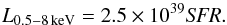 Mathematical equation: \begin{equation} \label{eq_xsfr} L_{\rm 0.5-8\,keV} = 2.5\times10^{39} {\it SFR}. \end{equation}