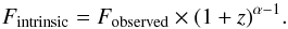 Mathematical equation: \begin{equation} F_{\rm intrinsic} = F_{\rm observed} \times (1+z)^{\alpha-1} \label{K-correction} . \end{equation}