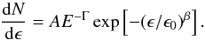 Mathematical equation: \begin{equation} \frac{{\rm d}N}{{\rm d} \epsilon} = A E^{-\Gamma} \exp\left[-(\epsilon/\epsilon_0)^{\beta}\right] . \label{spectrum} \end{equation}