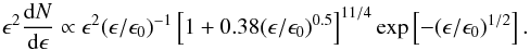 Mathematical equation: \begin{equation} \epsilon^2\frac{{\rm d}N}{{\rm d} \epsilon} \propto \epsilon^2 (\epsilon/\epsilon_0)^{-1} \left[1+0.38 (\epsilon/\epsilon_0)^{0.5}\right]^{11/4} \exp\left[-(\epsilon/\epsilon_0)^{1/2}\right] . \label{shape} \end{equation}