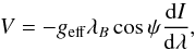 Mathematical equation: \begin{equation} V = -{g_{\rm eff}}{\lambda}_B\cos{\psi}\frac{{\rm d}I}{{\rm d}{\lambda}} , \label{V_wa} \end{equation}