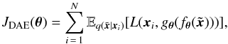 Mathematical equation: \begin{equation} J_{\rm DAE} (\boldsymbol{\theta}) = \displaystyle \sum_{{i}\, = \,1}^{N} \mathbb E_{q(\tilde{\vec x}| {\vec x_i})} [ L ( \vec x_i, g_{\boldsymbol{\theta}}(f_{\boldsymbol{\theta}}(\tilde{\vec x}))) ], \end{equation}