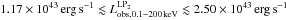 Mathematical equation: \hbox{$1.17\times 10^{43}\,\mathrm{erg}\,\mathrm{s}^{-1} \lesssim L_\mathrm{obs,0.1-200\,keV}^\mathrm{LP_2} \lesssim 2.50\times 10^{43}\,\mathrm{erg}\,\mathrm{s}^{-1}$}