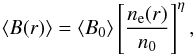Mathematical equation: \begin{equation} \langle B(r)\rangle=\langle B_{\rm 0}\rangle\left[\frac{n_{\rm e}(r)}{n_{\rm 0}}\right]^{\rm \eta}, \label{eta} \end{equation}