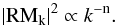 Mathematical equation: \begin{equation} \vert {\rm RM}_{\rm k}\vert ^{\rm 2}\propto k^{\rm -n}. \label{rmpower} \end{equation}