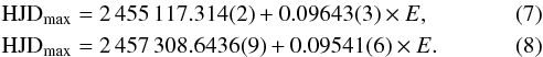 Mathematical equation: \begin{eqnarray} &&{\rm HJD_{\rm max}} = 2\,455\,117.314(2) + 0.09643(3) \times E, \label{eq:MNDra_OC_Q1} \\ &&{\rm HJD_{\rm max}} = 2\,457\,308.6436(9) + 0.09541(6) \times E. \label{eq:MNDra_OC_Q2} \end{eqnarray}