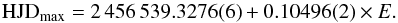 Mathematical equation: \begin{equation} {\rm HJD_{\rm max}} = 2\,456\,539.3276(6) + 0.10496(2) \times E. \label{eq:MNDra_OC_Max1} \end{equation}