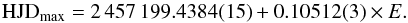 Mathematical equation: \begin{equation} {\rm HJD_{\rm max}} = 2\,457\,199.4384(15) + 0.10512(3) \times E. \label{eq:MNDra_OC_Max2} \end{equation}