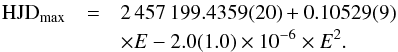 Mathematical equation: \begin{eqnarray} {\rm HJD_{\rm max}} &=& 2\,457\,199.4359(20) + 0.10529(9) \nonumber\\ &&\times E - 2.0(1.0) \times 10^{-6} \times E^2. \label{eq:MNDra_OCsq2} \end{eqnarray}