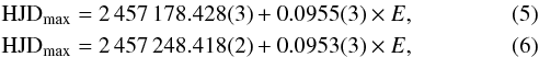 Mathematical equation: \begin{eqnarray} &&{\rm HJD_{\rm max}} = 2\,457\,178.428(3) + 0.0955(3) \times E, \label{eq:MNDra_OC_NO1} \\ &&{\rm HJD_{\rm max}} = 2\,457\,248.418(2) + 0.0953(3) \times E, \label{eq:MNDra_OC_NO2} \end{eqnarray}