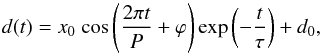 Mathematical equation: \begin{equation} \label{eqn:cos} d(t) = x_{0}~\mathrm{cos}\left(\frac{2 \pi t}{P} + \varphi \right)\mathrm{exp}\left(-\frac{t}{\tau}\right) + d_{0}, \end{equation}