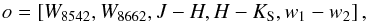 Mathematical equation: \begin{equation} {\it o} = \left[W_{8542}, W_{8662}, J-H, H-K_{\rm S}, w_1-w_2\right], \label{eq_observables} \end{equation}