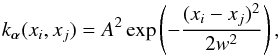 Mathematical equation: \begin{equation} k_{\bm{\alpha}}(x_i, x_j)=A^2\exp\left(-\frac{(x_i-x_j)^2}{2w^2} \right), \label{eq_sqexp} \end{equation}