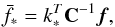 Mathematical equation: \begin{equation} \bar{f_*}={\it k}_*^T{\bf C}^{-1}{\vec f}, \label{eq_flux_mean} \end{equation}