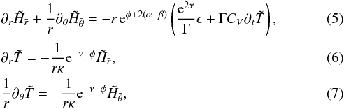 Mathematical equation: \begin{eqnarray} &&\partial_r \tilde H_{\bar r} + {1 \over r} \partial_\theta \tilde H_{\bar\theta} = - r \, {\rm e}^{\phi + 2(\alpha-\beta)} \left( {{\rm e}^{2\nu} \over \Gamma} \epsilon + \Gamma C_V \partial_t \tilde T\right) , \label{eq:3.29} \\ &&\partial_r \tilde T = - {1 \over{r \kappa}} {\rm e}^{-\nu -\phi} \tilde H_{\bar r}, \label{eq:3.30} \\ &&{1 \over r} \partial_\theta \tilde T = - {1 \over{r \kappa}} {\rm e}^{-\nu -\phi} \tilde H_{\bar \theta}, \label{eq:3.31} \end{eqnarray}